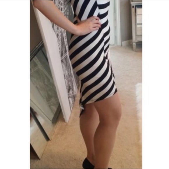 Bebe Striped Asymmetric High Low Bodycon Dress in Black and White Stripe - Picture 3 of 9